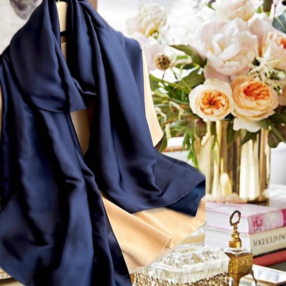 Luxury 100% SILK SATIN Navy Blue Large Shawl Scarf Wedding Cover Up Evening Wrap